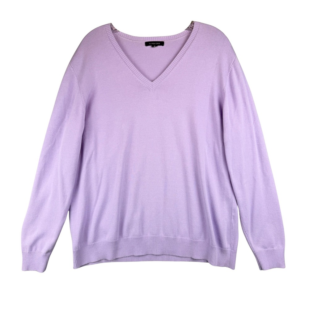 Lands End Womens V-Neck Sweater Purple Lavender Long Sleeve Knit Pullover XL
